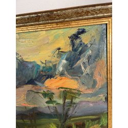 QUADRO DIPINTO MATERICO Carlo Monti VEDUTA PAESAGGIO COLLINARE TRAMONTO