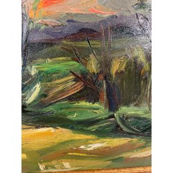 QUADRO DIPINTO MATERICO Carlo Monti VEDUTA PAESAGGIO COLLINARE TRAMONTO