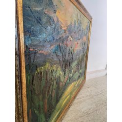 QUADRO DIPINTO MATERICO Carlo Monti VEDUTA PAESAGGIO COLLINARE TRAMONTO