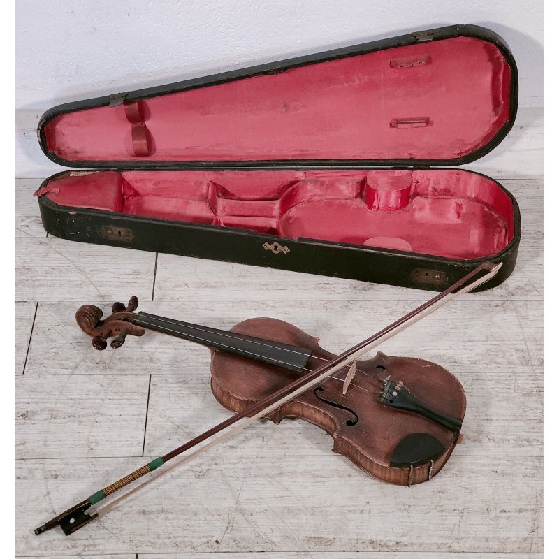 ANTICO VIOLINO con ARCHETTO epoca XIX sec STRUMENTO MUSICALE Old Violin CUSTODIA