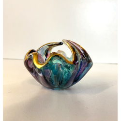 PICCOLO CESTINO VETRO PERLATO IRIDESCENTE FIRMATO STILE CARTOCCIO BORDI ORO '90