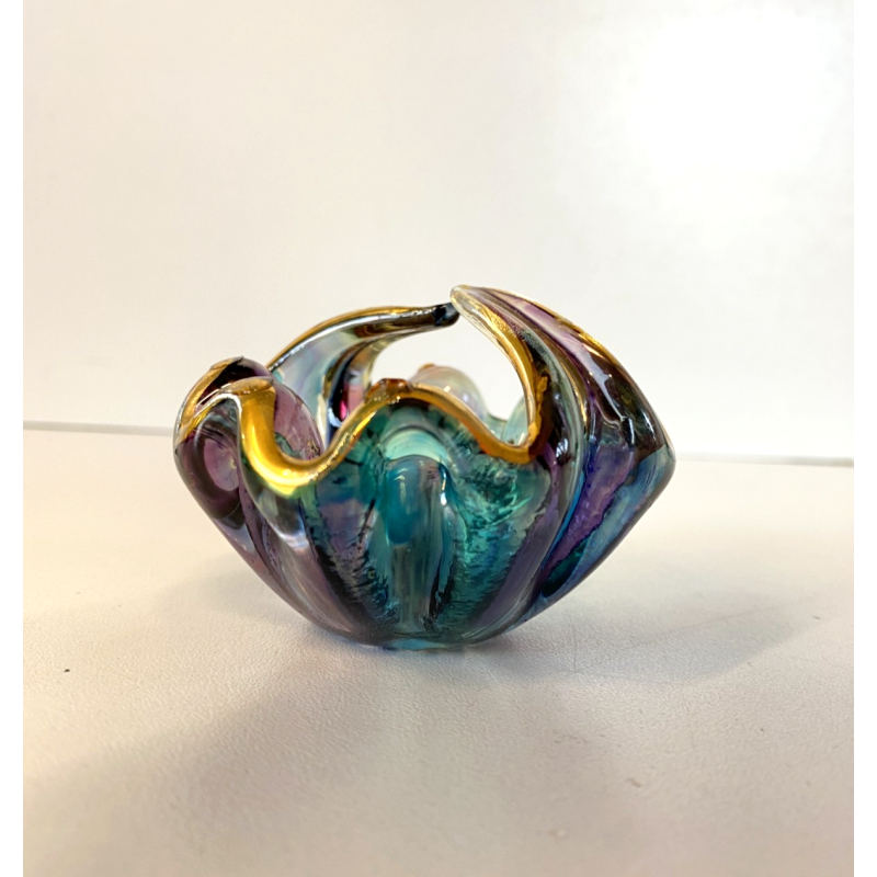 PICCOLO CESTINO VETRO PERLATO IRIDESCENTE FIRMATO STILE CARTOCCIO BORDI ORO '90