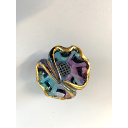 PICCOLO CESTINO VETRO PERLATO IRIDESCENTE FIRMATO STILE CARTOCCIO BORDI ORO '90