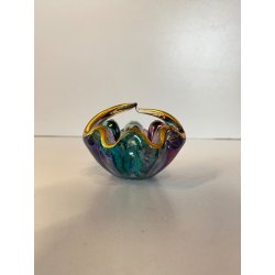 PICCOLO CESTINO VETRO PERLATO IRIDESCENTE FIRMATO STILE CARTOCCIO BORDI ORO '90