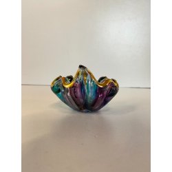 PICCOLO CESTINO VETRO PERLATO IRIDESCENTE FIRMATO STILE CARTOCCIO BORDI ORO '90