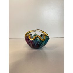 PICCOLO CESTINO VETRO PERLATO IRIDESCENTE FIRMATO STILE CARTOCCIO BORDI ORO '90