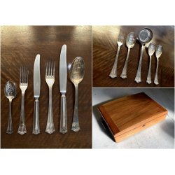 SERVIZIO POSATE VINTAGE Sambonet Mod. "210" PER 12 pers. BAULETTO LEGNO ART DECò