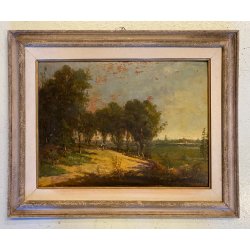 ANTICO DIPINTO OLIO Telesforo Franchino "Quiete" PAESAGGIO CAMPAGNA FIGURE