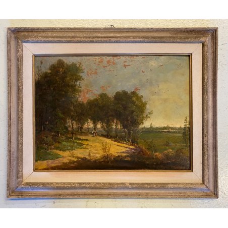 ANTICO DIPINTO OLIO Telesforo Franchino "Quiete" PAESAGGIO CAMPAGNA FIGURE