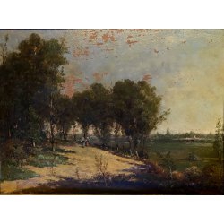 ANTICO DIPINTO OLIO Telesforo Franchino "Quiete" PAESAGGIO CAMPAGNA FIGURE