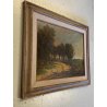 ANTICO DIPINTO OLIO Telesforo Franchino "Quiete" PAESAGGIO CAMPAGNA FIGURE