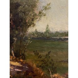 ANTICO DIPINTO OLIO Telesforo Franchino "Quiete" PAESAGGIO CAMPAGNA FIGURE