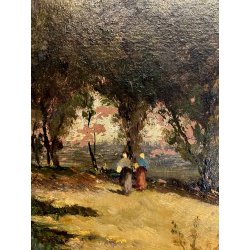 ANTICO DIPINTO OLIO Telesforo Franchino "Quiete" PAESAGGIO CAMPAGNA FIGURE
