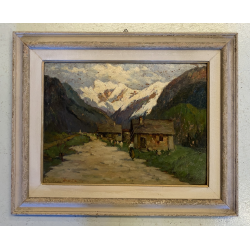 ANTICO DIPINTO OLIO Telesforo Franchino Cadore Forno di Canale PAESAGGIO MONTANO