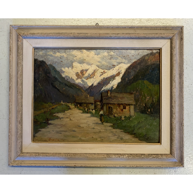 ANTICO DIPINTO OLIO Telesforo Franchino Cadore Forno di Canale PAESAGGIO MONTANO