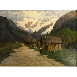 ANTICO DIPINTO OLIO Telesforo Franchino Cadore Forno di Canale PAESAGGIO MONTANO