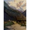 ANTICO DIPINTO OLIO Telesforo Franchino Cadore Forno di Canale PAESAGGIO MONTANO
