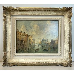 ANTICO PICCOLO DIPINTO G. Riva VEDUTA VENEZIA Canal Grande GONDOLE BASILICA '50