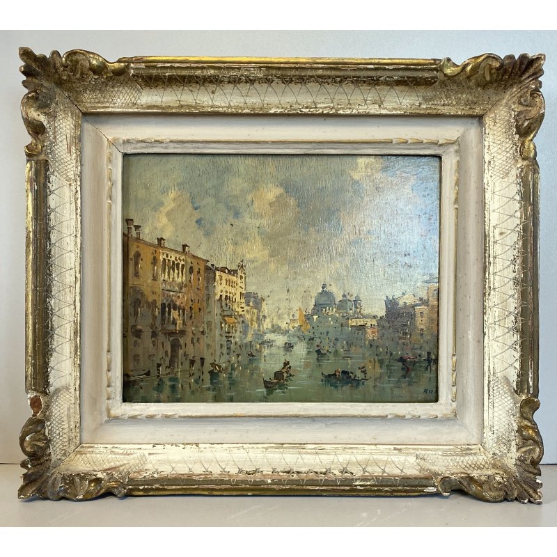 ANTICO PICCOLO DIPINTO G. Riva VEDUTA VENEZIA Canal Grande GONDOLE BASILICA '50