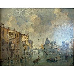 ANTICO PICCOLO DIPINTO G. Riva VEDUTA VENEZIA Canal Grande GONDOLE BASILICA '50