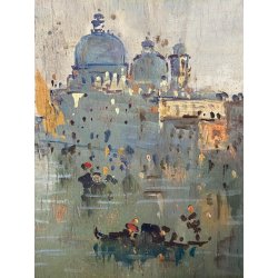 ANTICO PICCOLO DIPINTO G. Riva VEDUTA VENEZIA Canal Grande GONDOLE BASILICA '50