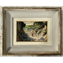 ANTICO PICCOLO DIPINTO OLIO Romano Valori PAESAGGIO MONTANO FIGURA CONTADINA