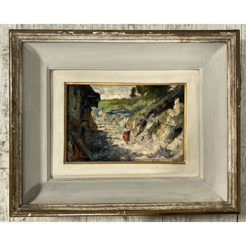 ANTICO PICCOLO DIPINTO OLIO Romano Valori PAESAGGIO MONTANO FIGURA CONTADINA