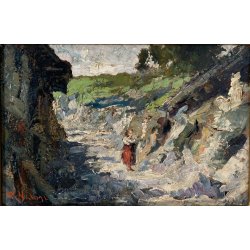 ANTICO PICCOLO DIPINTO OLIO Romano Valori PAESAGGIO MONTANO FIGURA CONTADINA