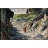 ANTICO PICCOLO DIPINTO OLIO Romano Valori PAESAGGIO MONTANO FIGURA CONTADINA