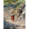 ANTICO PICCOLO DIPINTO OLIO Romano Valori PAESAGGIO MONTANO FIGURA CONTADINA