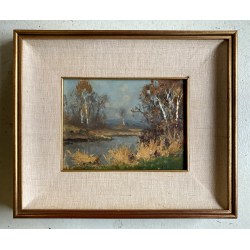 QUADRO DIPINTO OLIO TAVOLA Artino Giroldi PAESAGGIO LACUSTRE BETULLE '900