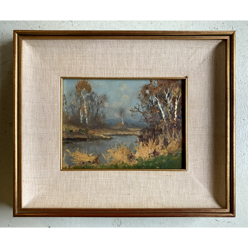 QUADRO DIPINTO OLIO TAVOLA Artino Giroldi PAESAGGIO LACUSTRE BETULLE '900
