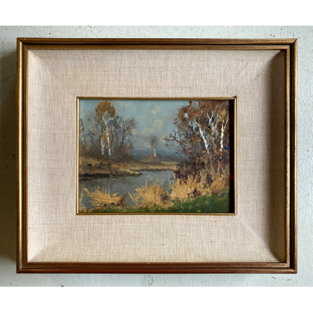 QUADRO DIPINTO OLIO TAVOLA Artino Giroldi PAESAGGIO LACUSTRE BETULLE '900