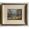 QUADRO DIPINTO OLIO TAVOLA Artino Giroldi PAESAGGIO LACUSTRE BETULLE '900