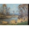QUADRO DIPINTO OLIO TAVOLA Artino Giroldi PAESAGGIO LACUSTRE BETULLE '900