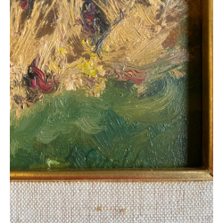 QUADRO DIPINTO OLIO TAVOLA Artino Giroldi PAESAGGIO LACUSTRE BETULLE '900