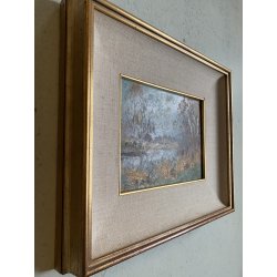 QUADRO DIPINTO OLIO TAVOLA Artino Giroldi PAESAGGIO LACUSTRE BETULLE '900