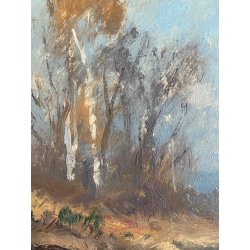 QUADRO DIPINTO OLIO TAVOLA Artino Giroldi PAESAGGIO LACUSTRE BETULLE '900