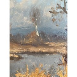 QUADRO DIPINTO OLIO TAVOLA Artino Giroldi PAESAGGIO LACUSTRE BETULLE '900