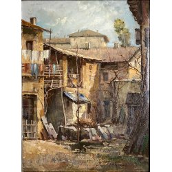 DIPINTO OLIO Guido GNOCCHI Da Cedrate PAESAGGIO RURALE CORTILE RUSTICO LOMBARDO
