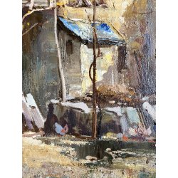 DIPINTO OLIO Guido GNOCCHI Da Cedrate PAESAGGIO RURALE CORTILE RUSTICO LOMBARDO