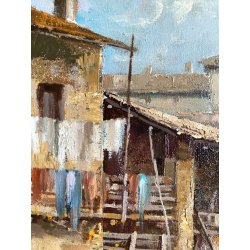 DIPINTO OLIO Guido GNOCCHI Da Cedrate PAESAGGIO RURALE CORTILE RUSTICO LOMBARDO