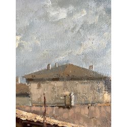 DIPINTO OLIO Guido GNOCCHI Da Cedrate PAESAGGIO RURALE CORTILE RUSTICO LOMBARDO