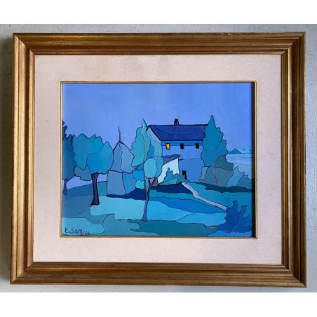 QUADRO DIPINTO OLIO TELA E. Sommi BLU IPERCROMATISMO ASTRATTO PAESAGGIO '900