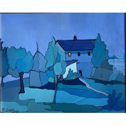QUADRO DIPINTO OLIO TELA E. Sommi BLU IPERCROMATISMO ASTRATTO PAESAGGIO '900