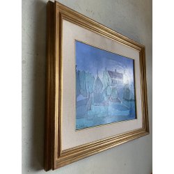 QUADRO DIPINTO OLIO TELA E. Sommi BLU IPERCROMATISMO ASTRATTO PAESAGGIO '900