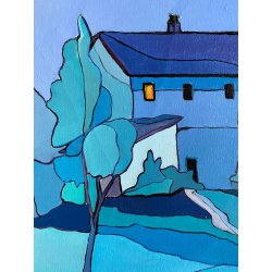 QUADRO DIPINTO OLIO TELA E. Sommi BLU IPERCROMATISMO ASTRATTO PAESAGGIO '900