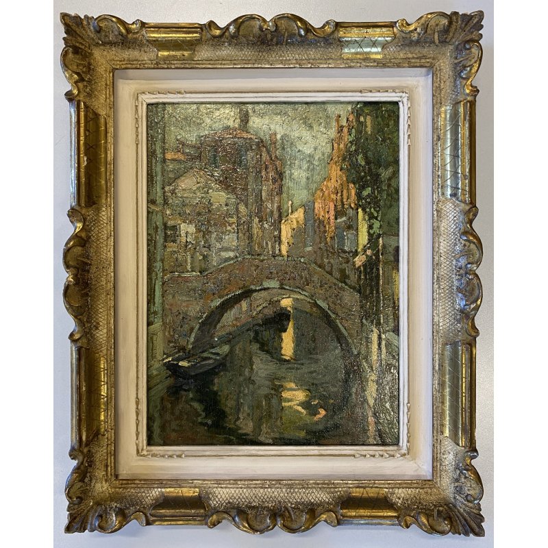DIPINTO OLIO TAVOLA B. Marino "Controluce" VEDUTA VENEZIA CANALE GONDOLE PONTE
