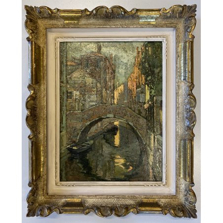 DIPINTO OLIO TAVOLA B. Marino "Controluce" VEDUTA VENEZIA CANALE GONDOLE PONTE