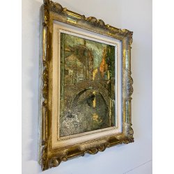 DIPINTO OLIO TAVOLA B. Marino "Controluce" VEDUTA VENEZIA CANALE GONDOLE PONTE